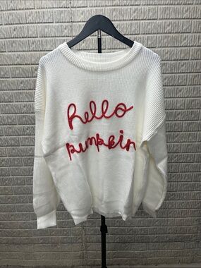 Hello Pumpkin White Knit Sweater with Red Script